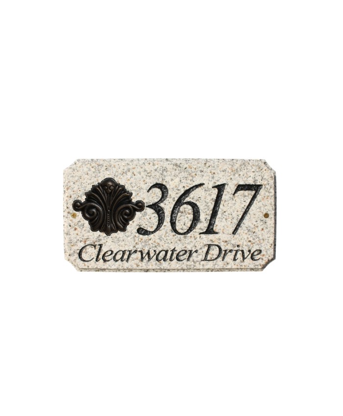 Qualarc White Granite Address Plaque w/Scroll Logo Black Text